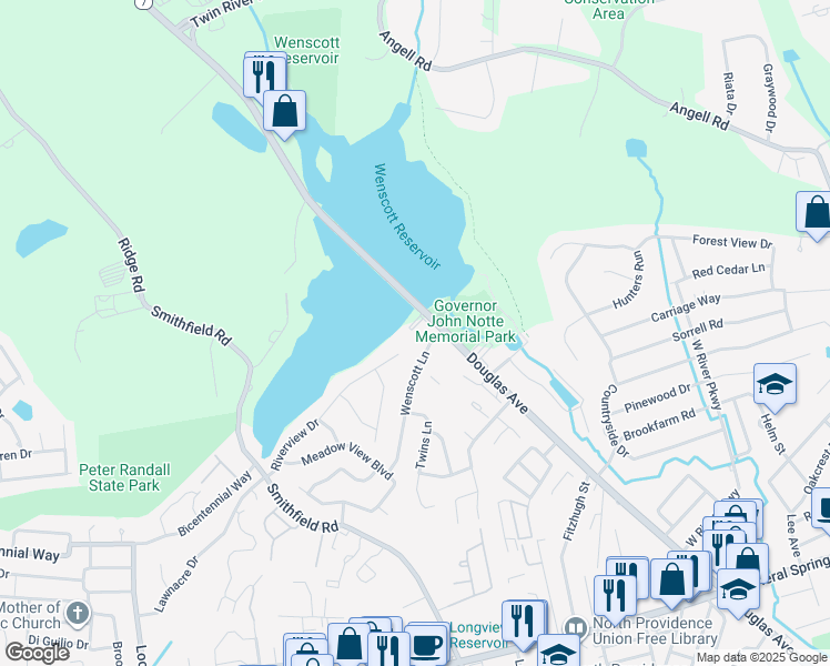 map of restaurants, bars, coffee shops, grocery stores, and more near 1800 Douglas Avenue in North Providence
