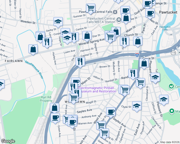 map of restaurants, bars, coffee shops, grocery stores, and more near 12 Carson Street in Pawtucket