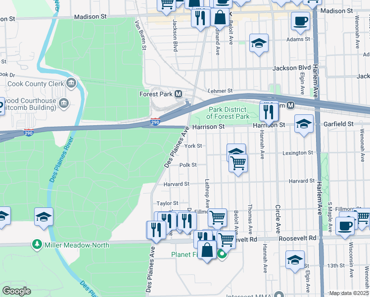 map of restaurants, bars, coffee shops, grocery stores, and more near 837 Dunlop Avenue in Forest Park
