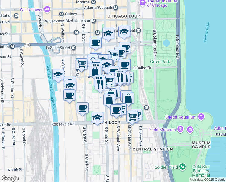 map of restaurants, bars, coffee shops, grocery stores, and more near 900 South State Street in Chicago