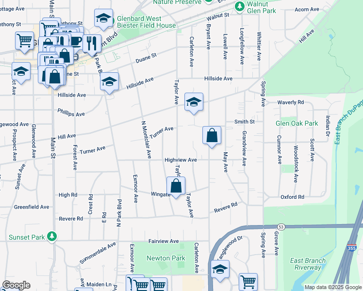 map of restaurants, bars, coffee shops, grocery stores, and more near 316 Taylor Avenue in Glen Ellyn