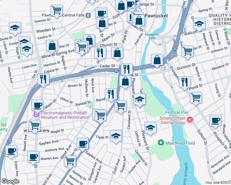 map of restaurants, bars, coffee shops, grocery stores, and more near in Pawtucket