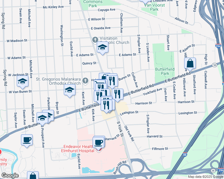 map of restaurants, bars, coffee shops, grocery stores, and more near 917 South York Street in Elmhurst