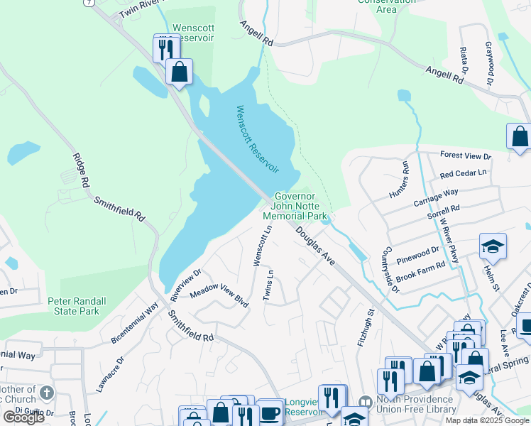 map of restaurants, bars, coffee shops, grocery stores, and more near 1800 Douglas Avenue in North Providence
