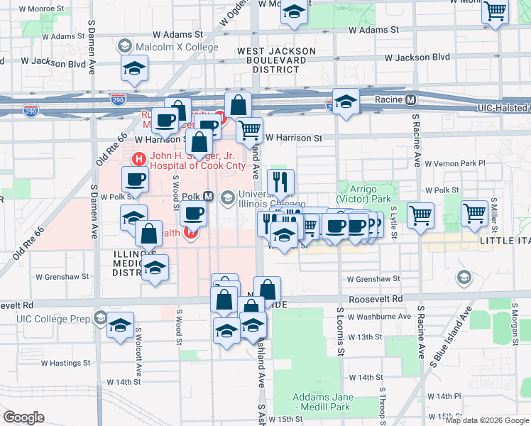 map of restaurants, bars, coffee shops, grocery stores, and more near 901 South Ashland Avenue in Chicago