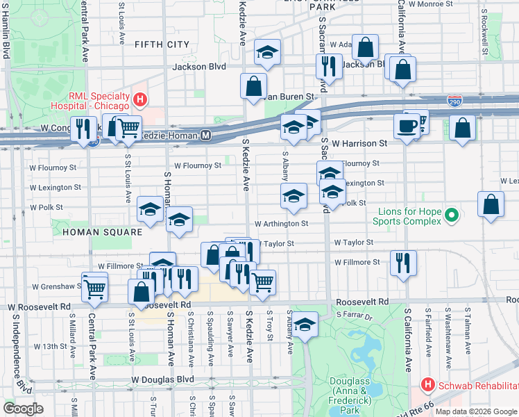 map of restaurants, bars, coffee shops, grocery stores, and more near 3143 West Polk Street in Chicago
