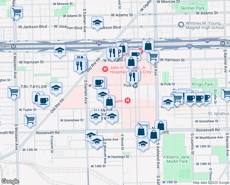map of restaurants, bars, coffee shops, grocery stores, and more near 840 South Wood Street in Chicago