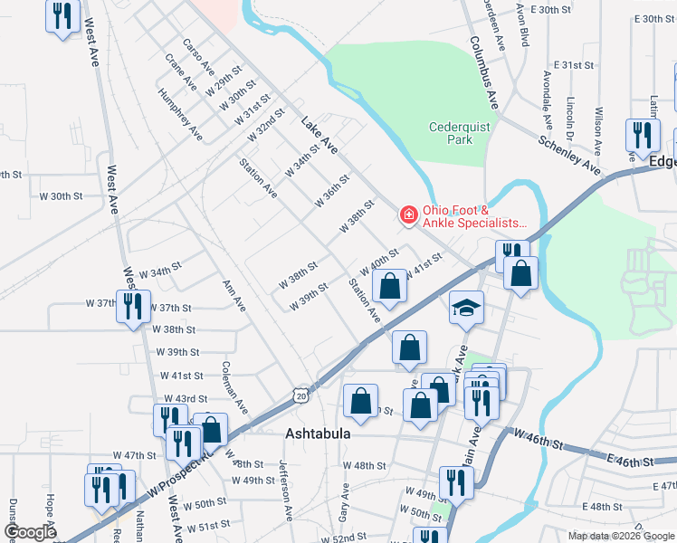 map of restaurants, bars, coffee shops, grocery stores, and more near 3834 Station Avenue in Ashtabula
