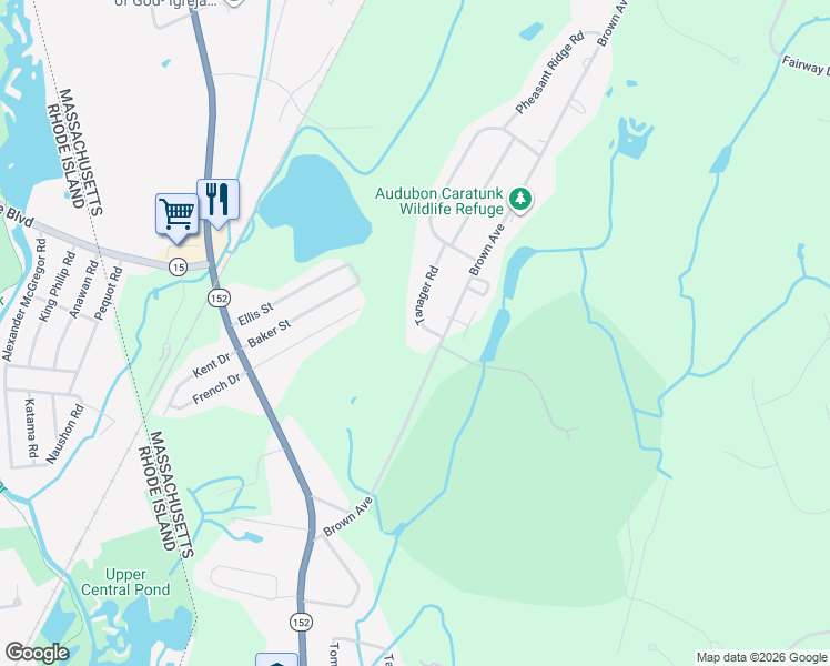 map of restaurants, bars, coffee shops, grocery stores, and more near 5 Tanager Road in Seekonk