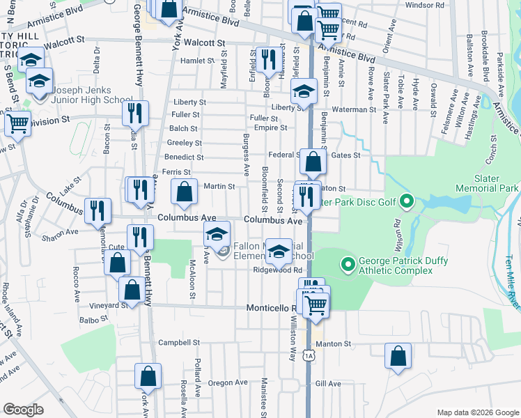 map of restaurants, bars, coffee shops, grocery stores, and more near 212 Burgess Avenue in Pawtucket