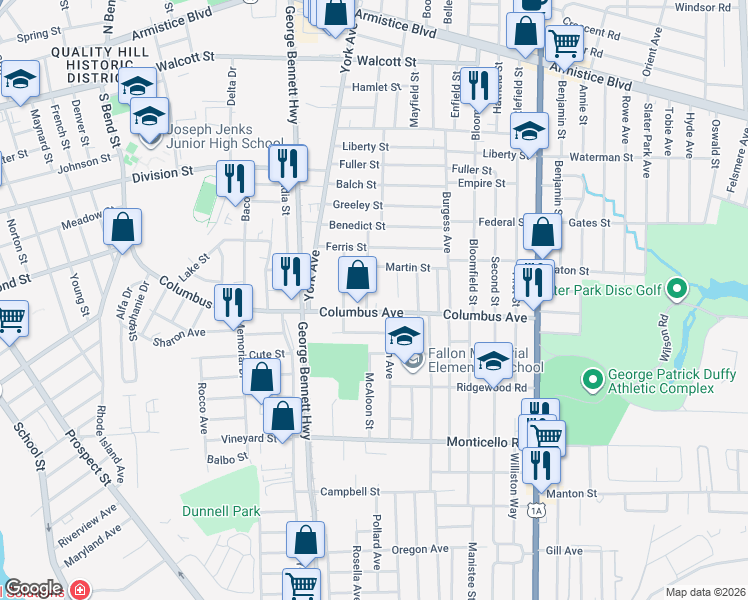 map of restaurants, bars, coffee shops, grocery stores, and more near 258 Columbus Avenue in Pawtucket