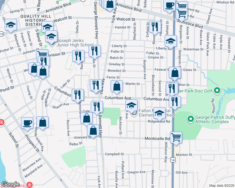 map of restaurants, bars, coffee shops, grocery stores, and more near 66 Dean Street in Pawtucket