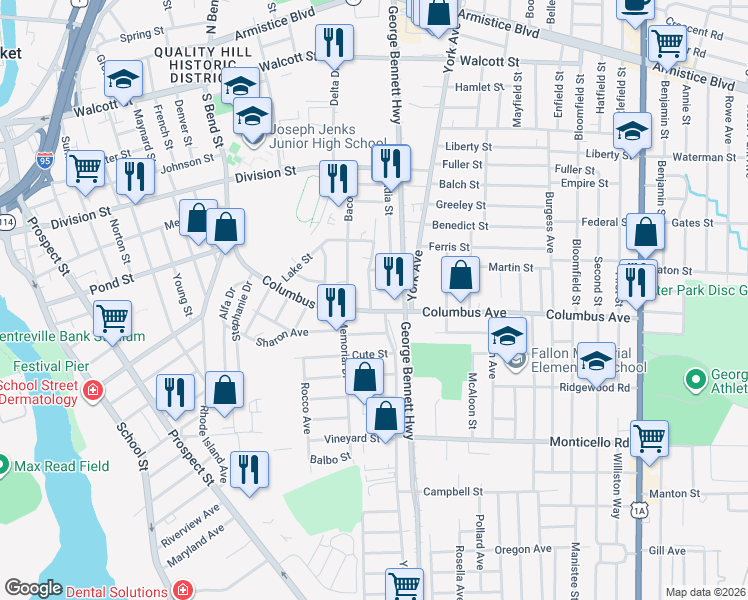 map of restaurants, bars, coffee shops, grocery stores, and more near 21 Keough in Pawtucket