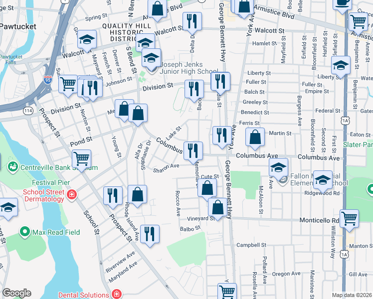 map of restaurants, bars, coffee shops, grocery stores, and more near 96 Columbus Avenue in Pawtucket