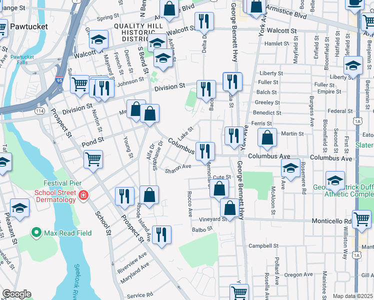 map of restaurants, bars, coffee shops, grocery stores, and more near 96 Columbus Avenue in Pawtucket
