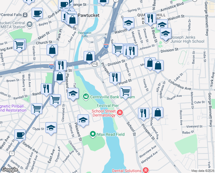 map of restaurants, bars, coffee shops, grocery stores, and more near 28 Pond Street in Pawtucket