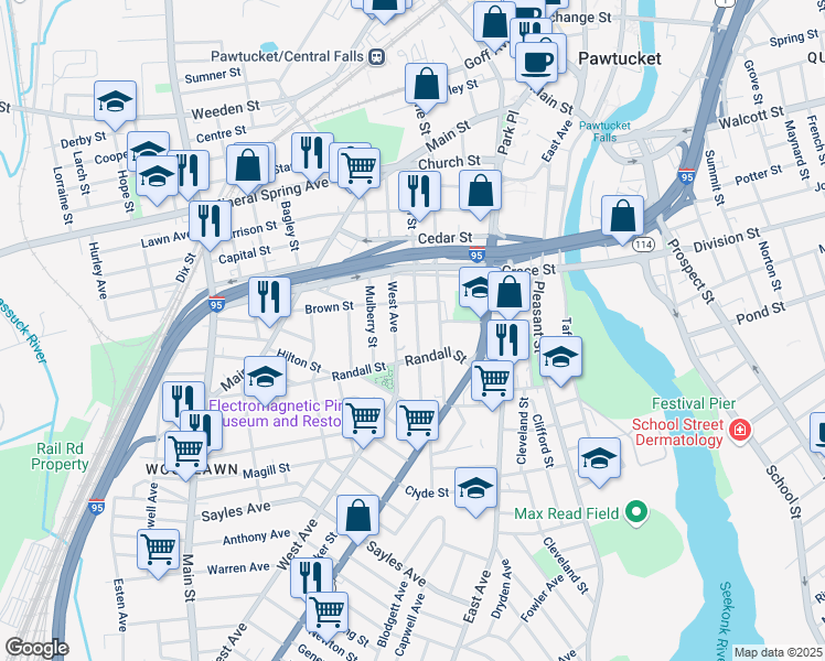 map of restaurants, bars, coffee shops, grocery stores, and more near 166 West Avenue in Pawtucket
