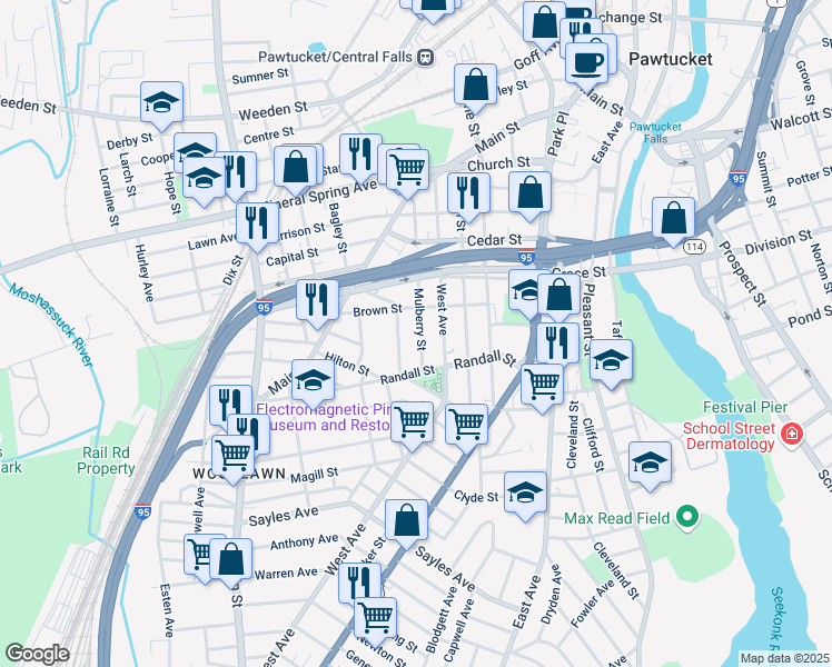 map of restaurants, bars, coffee shops, grocery stores, and more near 147 Mulberry Street in Pawtucket