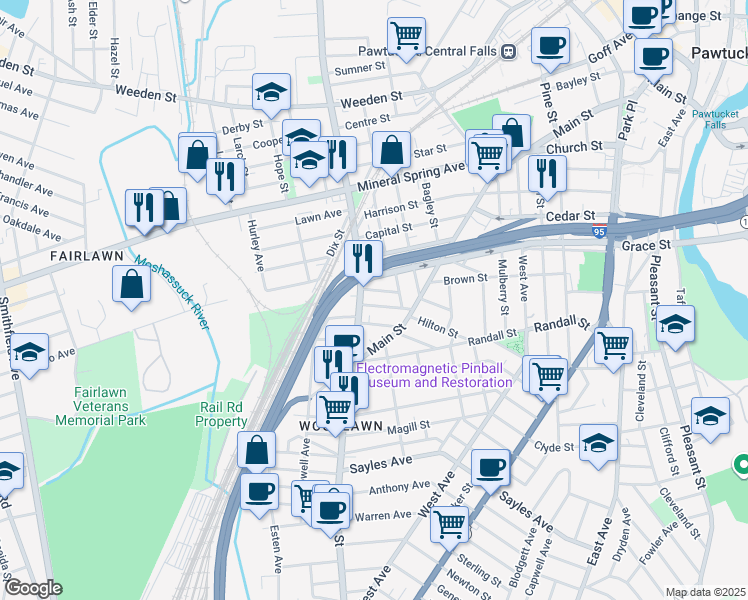 map of restaurants, bars, coffee shops, grocery stores, and more near 4 Lewis Street in Pawtucket