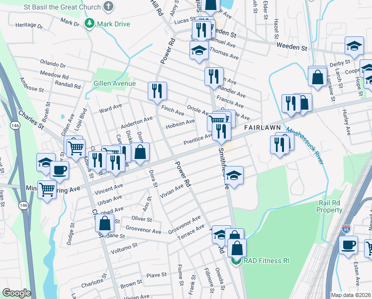 map of restaurants, bars, coffee shops, grocery stores, and more near 100 Prentice Avenue in Pawtucket