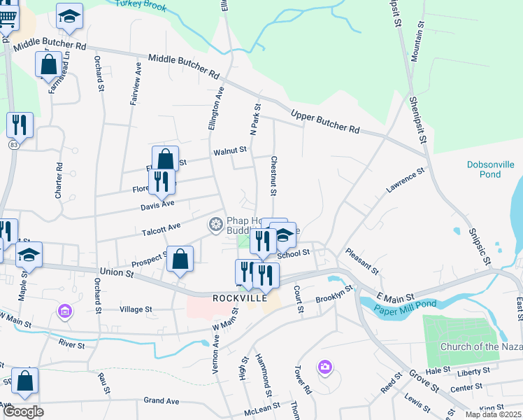 map of restaurants, bars, coffee shops, grocery stores, and more near 9 North Park Street in Vernon