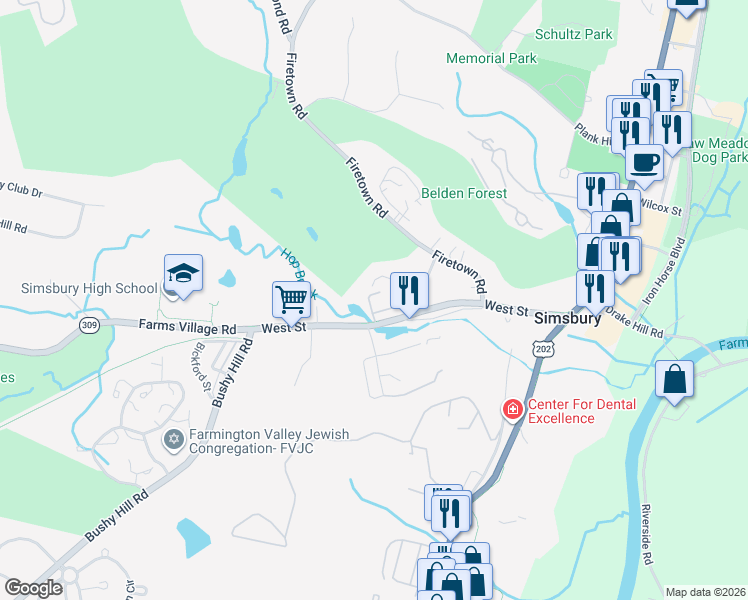 map of restaurants, bars, coffee shops, grocery stores, and more near 7 Maple Court in Simsbury