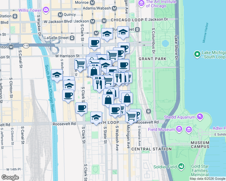 map of restaurants, bars, coffee shops, grocery stores, and more near 900 South State Street in Chicago