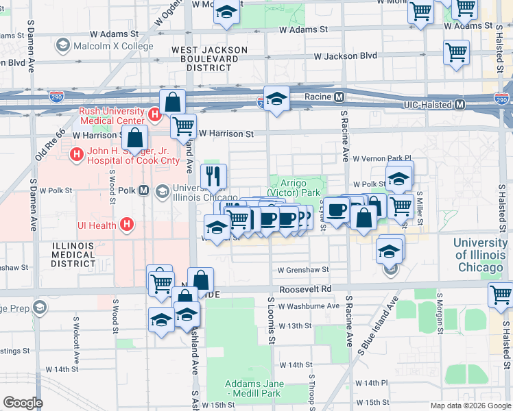 map of restaurants, bars, coffee shops, grocery stores, and more near 820 South Bishop Street in Chicago