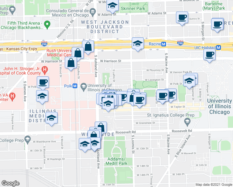 map of restaurants, bars, coffee shops, grocery stores, and more near 814 South Laflin Street in Chicago