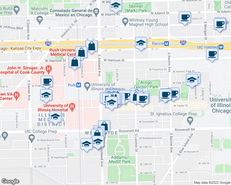 map of restaurants, bars, coffee shops, grocery stores, and more near 814 South Laflin Street in Chicago