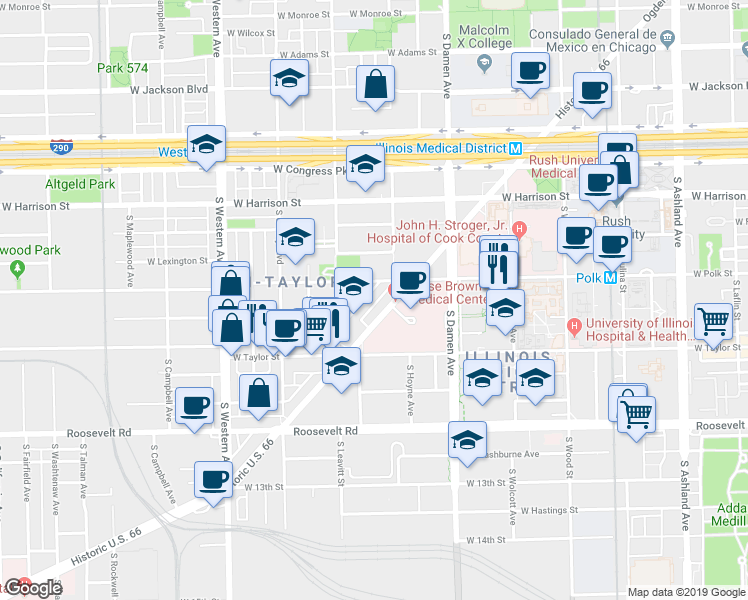 map of restaurants, bars, coffee shops, grocery stores, and more near 2135 West Bowler Street in Chicago