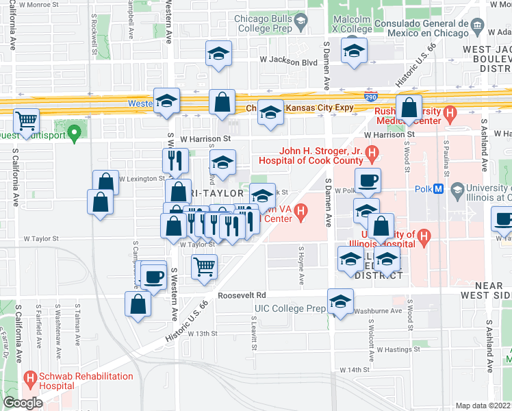 map of restaurants, bars, coffee shops, grocery stores, and more near 811 South Leavitt Street in Chicago
