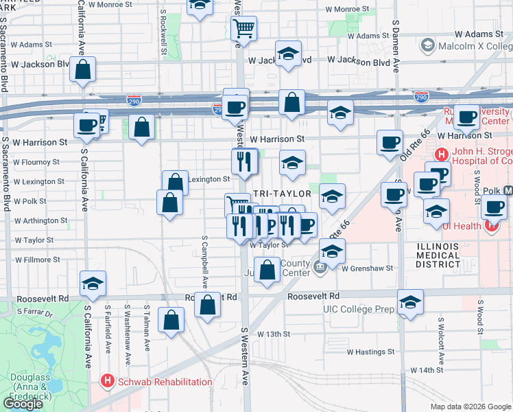 map of restaurants, bars, coffee shops, grocery stores, and more near in Chicago