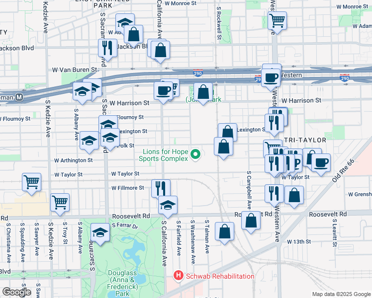 map of restaurants, bars, coffee shops, grocery stores, and more near 2725 West Polk Street in Chicago
