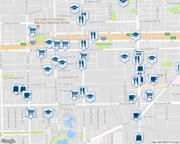 map of restaurants, bars, coffee shops, grocery stores, and more near 2725 West Polk Street in Chicago