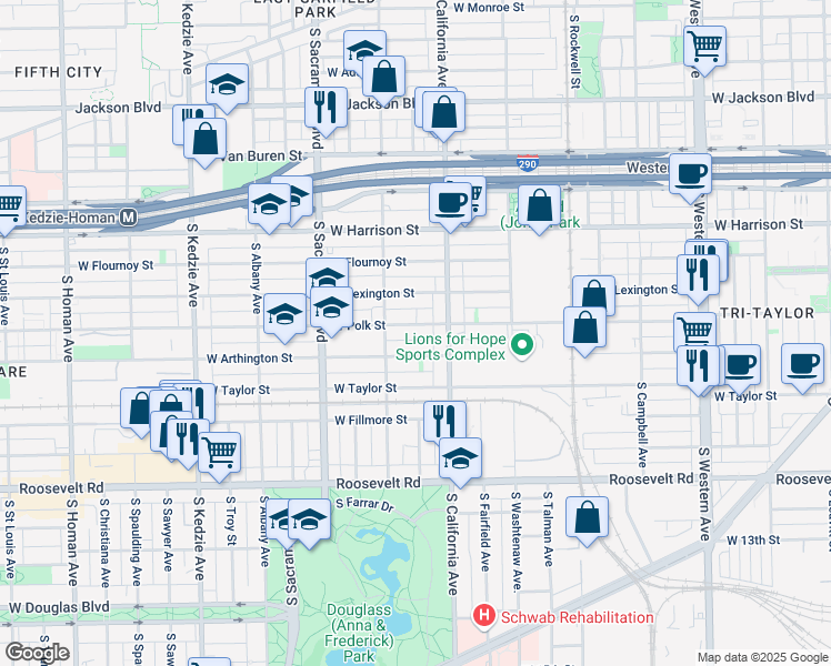 map of restaurants, bars, coffee shops, grocery stores, and more near 2837 West Polk Street in Chicago