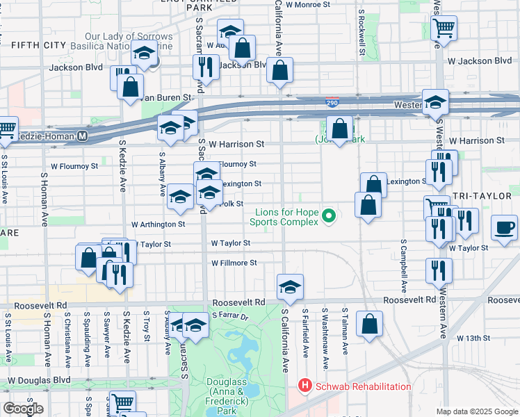 map of restaurants, bars, coffee shops, grocery stores, and more near 2837 West Polk Street in Chicago
