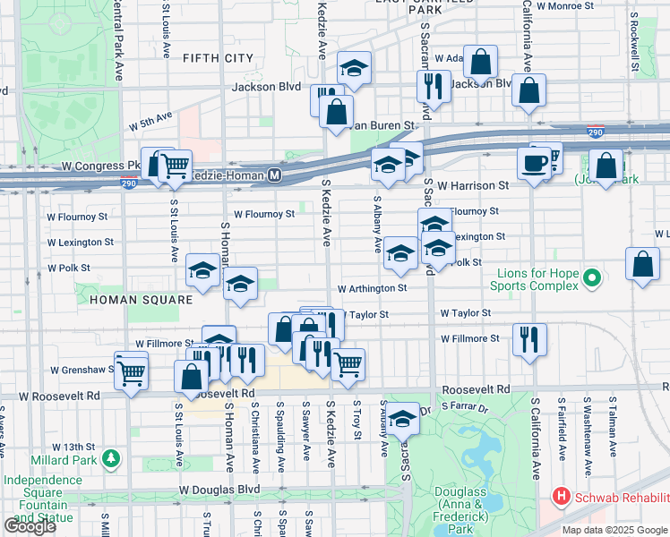 map of restaurants, bars, coffee shops, grocery stores, and more near 3136 West Polk Street in Chicago