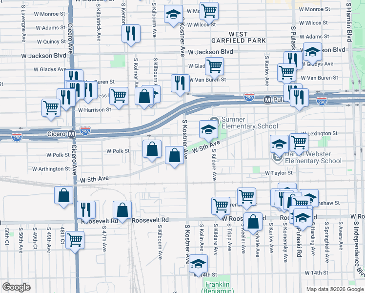 map of restaurants, bars, coffee shops, grocery stores, and more near 749 South Kostner Avenue in Chicago