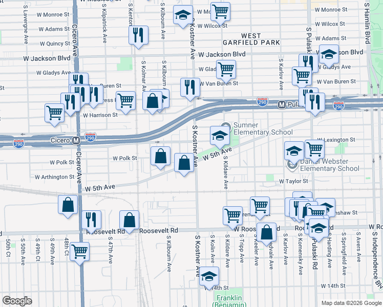 map of restaurants, bars, coffee shops, grocery stores, and more near 749 South Kostner Avenue in Chicago