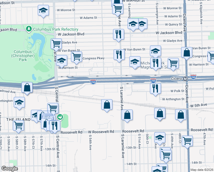 map of restaurants, bars, coffee shops, grocery stores, and more near 5261 West Lexington Street in Chicago