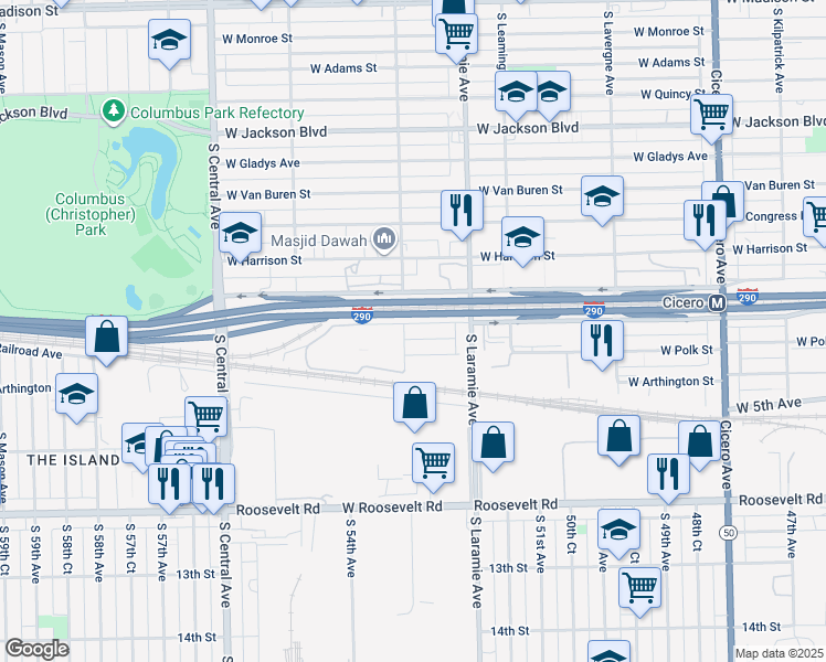map of restaurants, bars, coffee shops, grocery stores, and more near 5261 West Lexington Street in Chicago