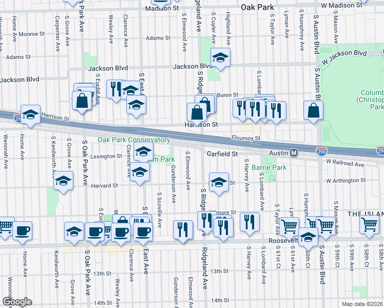 map of restaurants, bars, coffee shops, grocery stores, and more near 947 South Ridgeland Avenue in Oak Park
