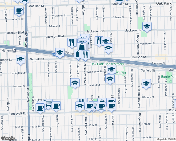 map of restaurants, bars, coffee shops, grocery stores, and more near 952 South Oak Park Avenue in Oak Park