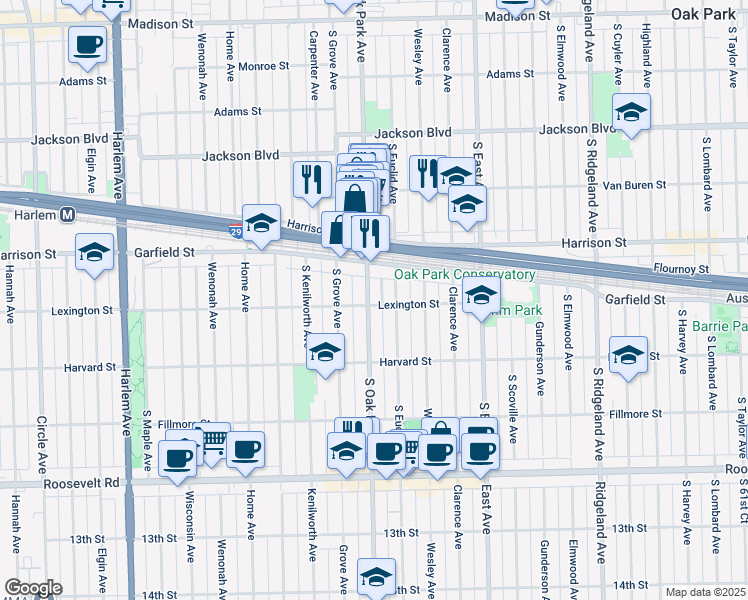 map of restaurants, bars, coffee shops, grocery stores, and more near 952 South Oak Park Avenue in Oak Park