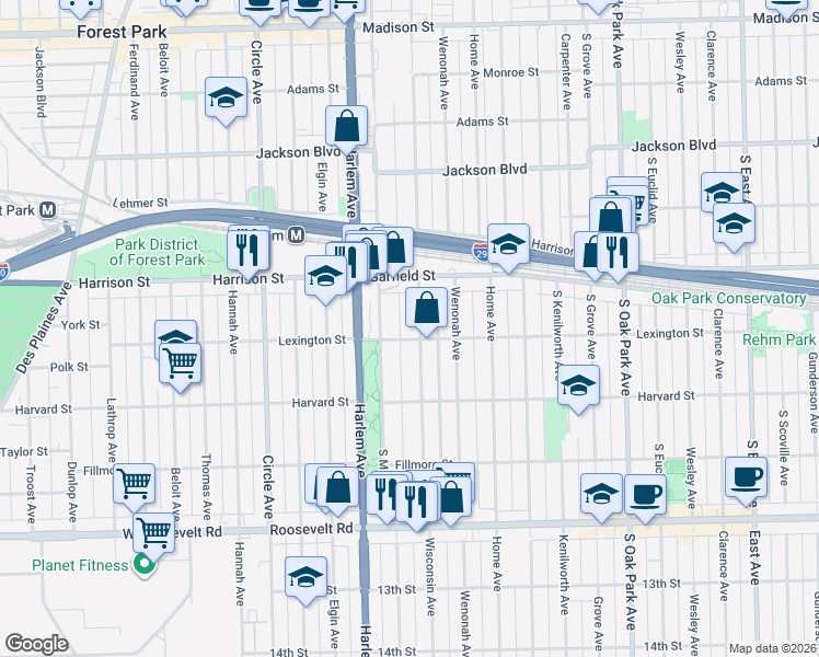 map of restaurants, bars, coffee shops, grocery stores, and more near 939 Wisconsin Avenue in Oak Park