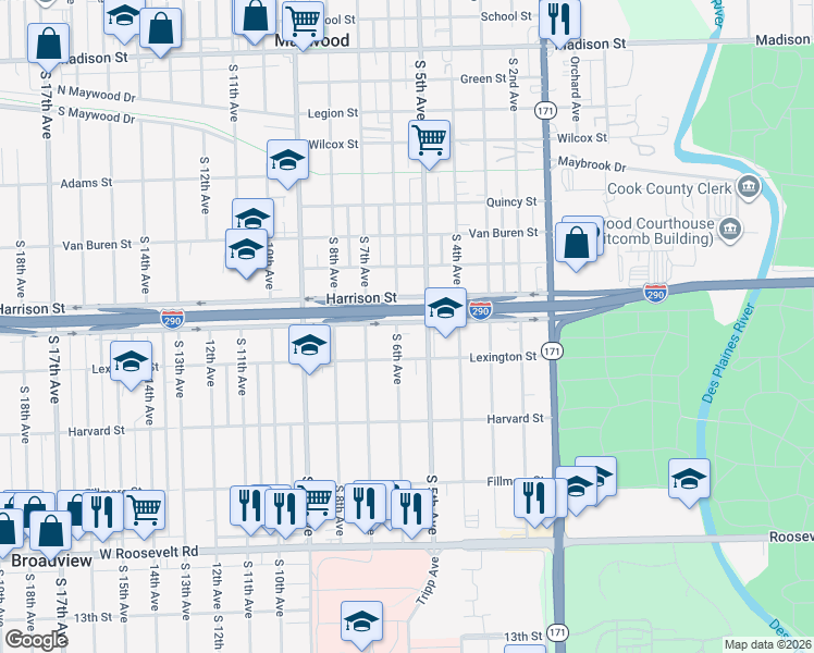 map of restaurants, bars, coffee shops, grocery stores, and more near 1809 South 6th Avenue in Maywood