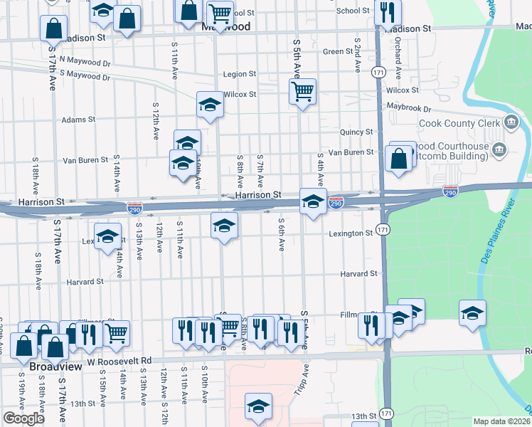 map of restaurants, bars, coffee shops, grocery stores, and more near 1809 South 6th Avenue in Maywood