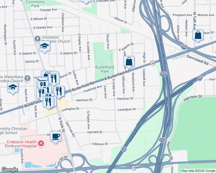 map of restaurants, bars, coffee shops, grocery stores, and more near 924 South Cedar Avenue in Elmhurst