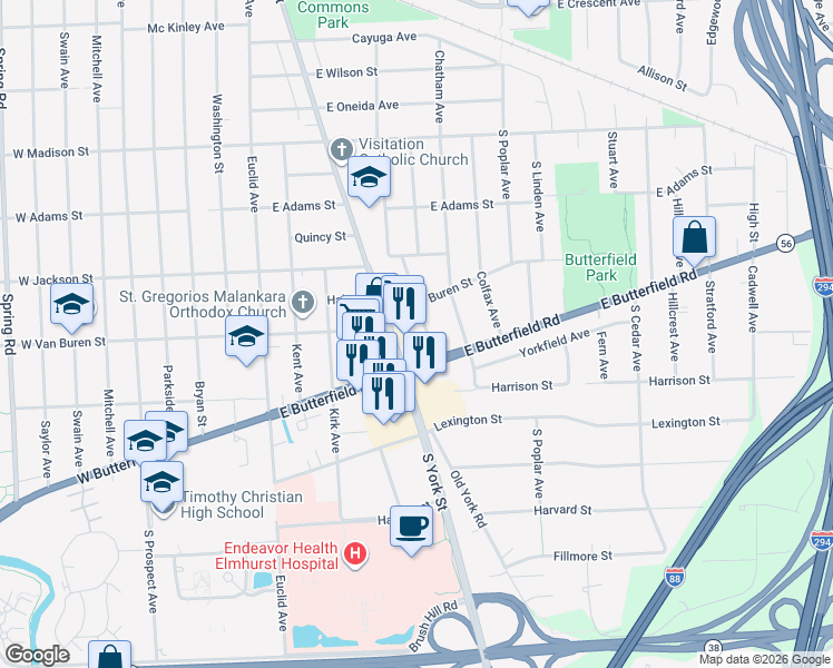 map of restaurants, bars, coffee shops, grocery stores, and more near 923 Cambridge Avenue in Elmhurst